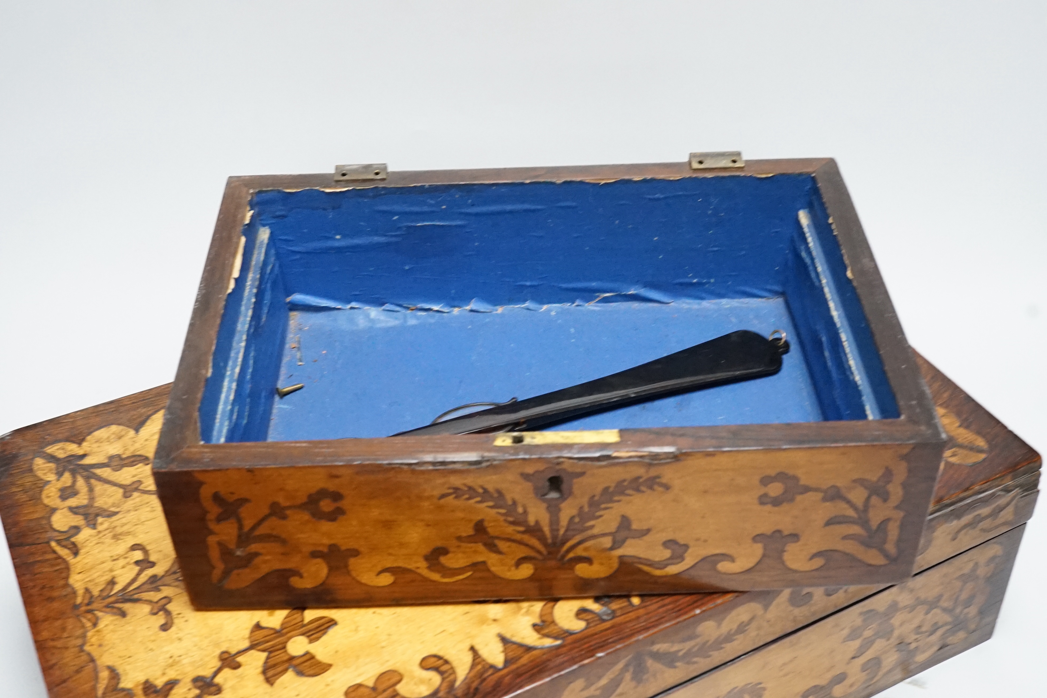 A Victorian maple and rosewood inlaid writing box, and matching workbox, 40cm wide